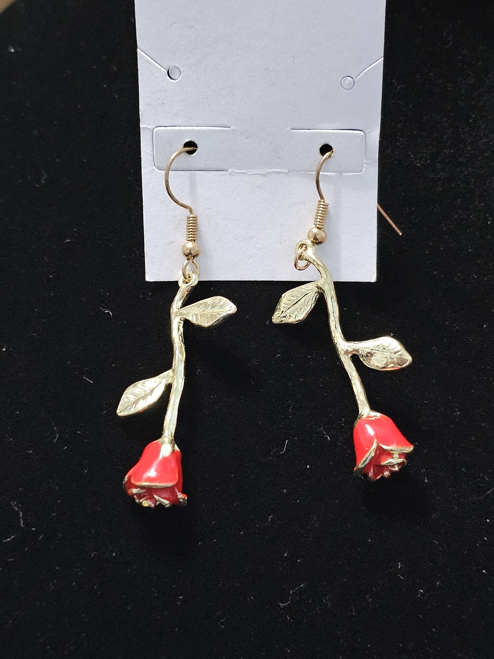 Red Enamel Rose Bud Long Stem Gold Tone Dangle Drop Earrings